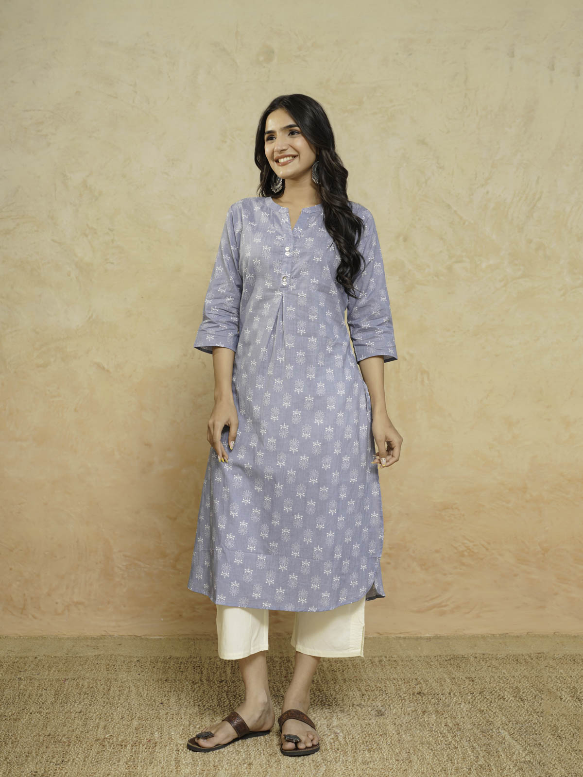Cotton Pleat Kurta For Women Grey