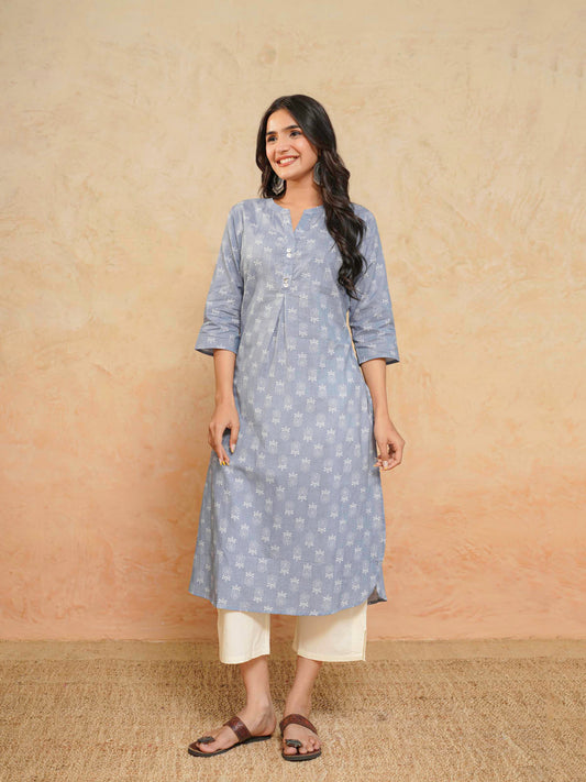 Cotton Pleat Kurta For Women Grey