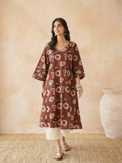 Cotton Printed Ultimate Aline Kurta For Women Red Flower