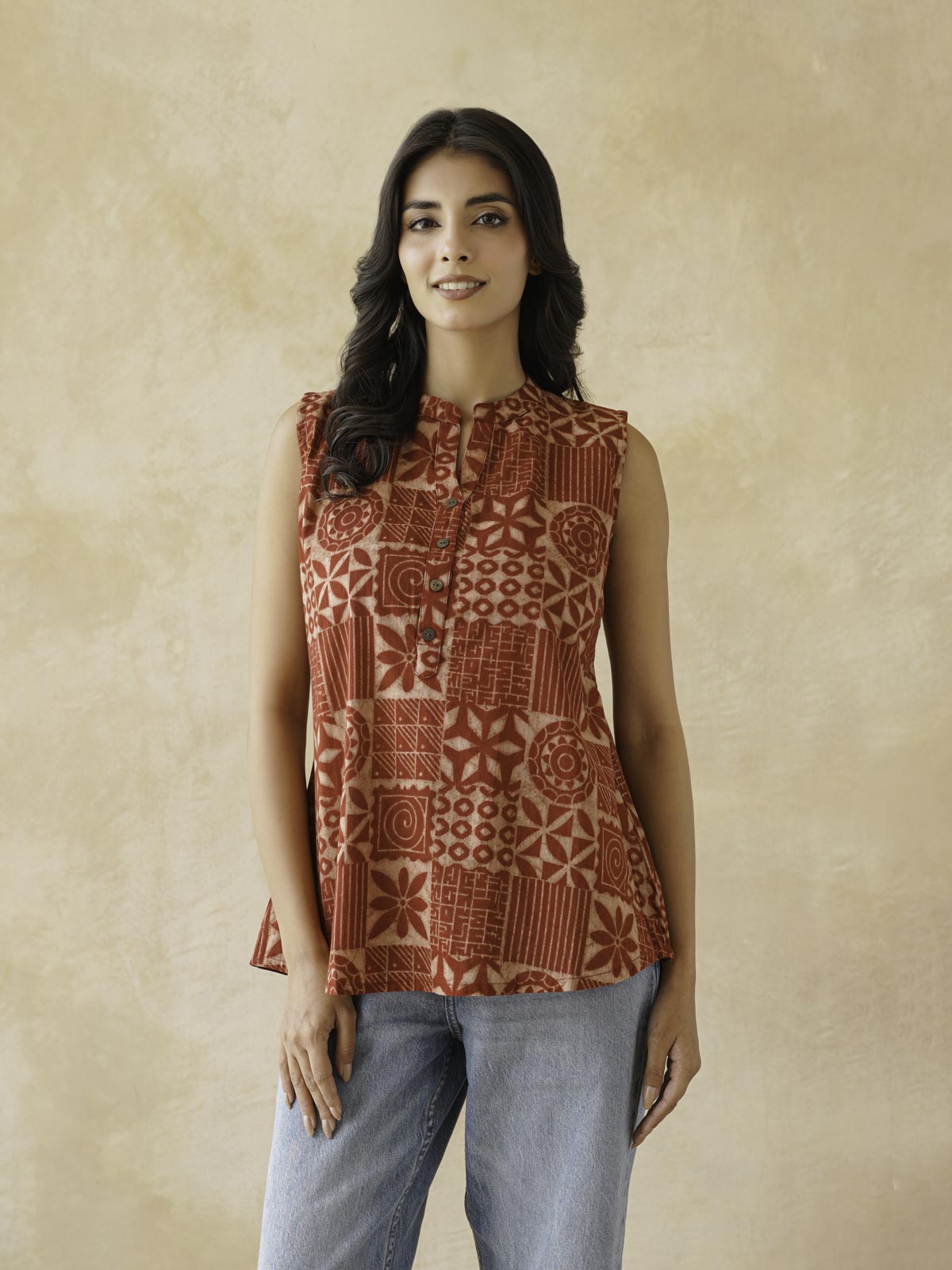 Cotton Printed Sleeveless Tunic Top For Women Red