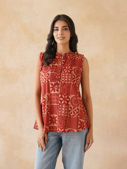Cotton Printed Sleeveless Tunic Top For Women Red