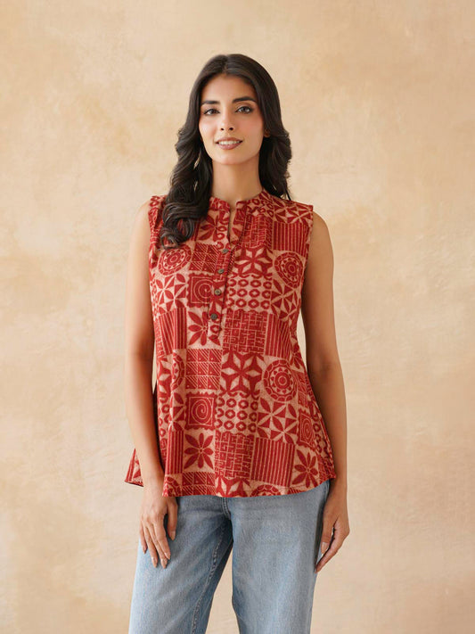 Cotton Printed Sleeveless Tunic Top For Women Red
