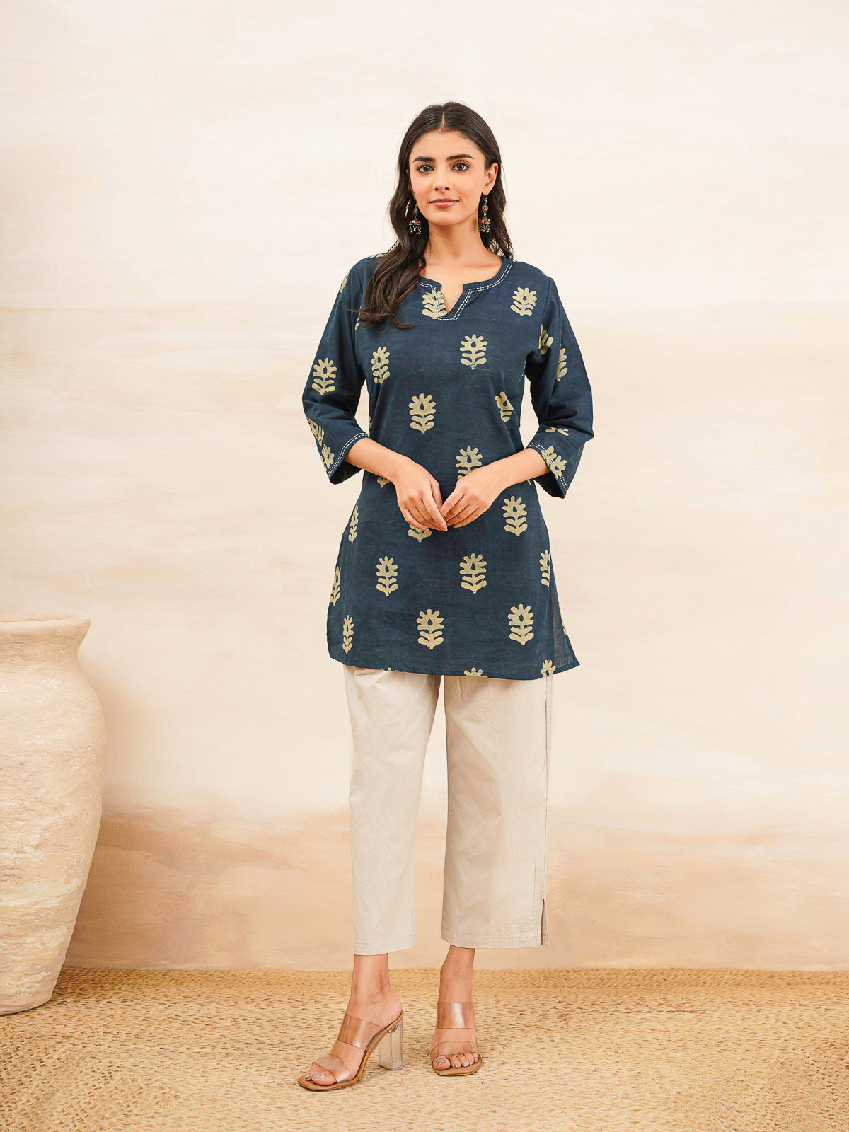 Cotton Printed Kantha Kurta Indigo Boota