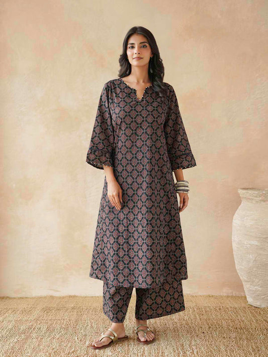 Cotton Printed Aline Gitika Set For Women Black