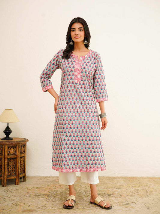 Cotton Block Printed Long Kurta Green Booty