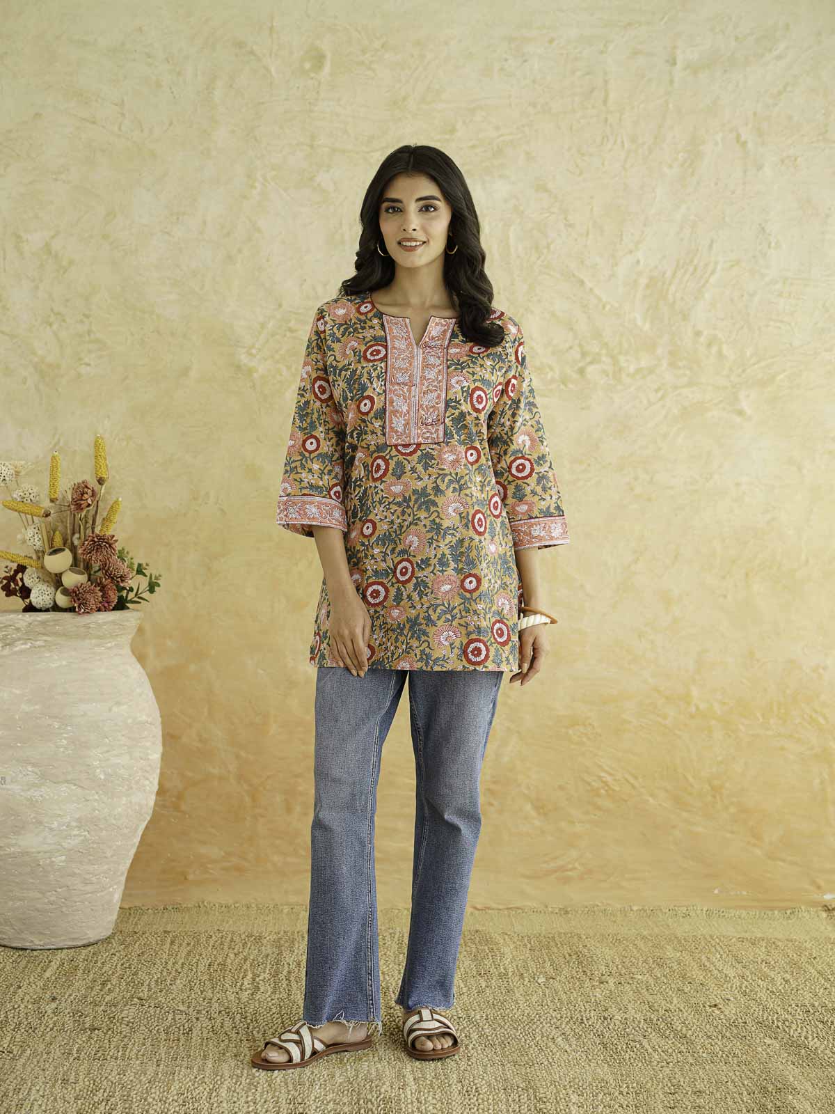 Cotton Printed Sequin Short Kurti For Women Brown
