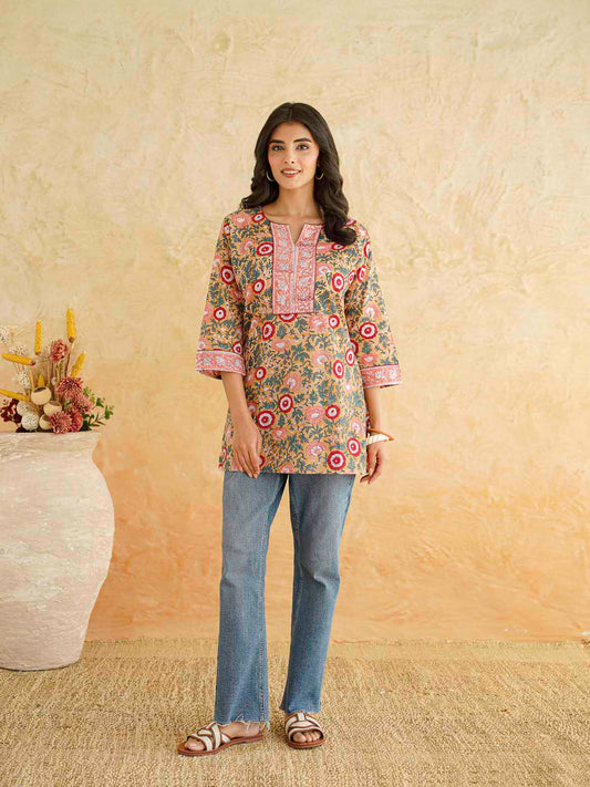 Cotton Printed Sequin Short Kurti For Women Brown
