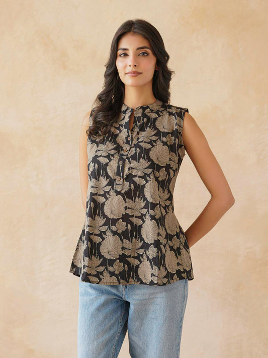 Cotton Printed Sleeveless Tunic Top For Women Black Grey