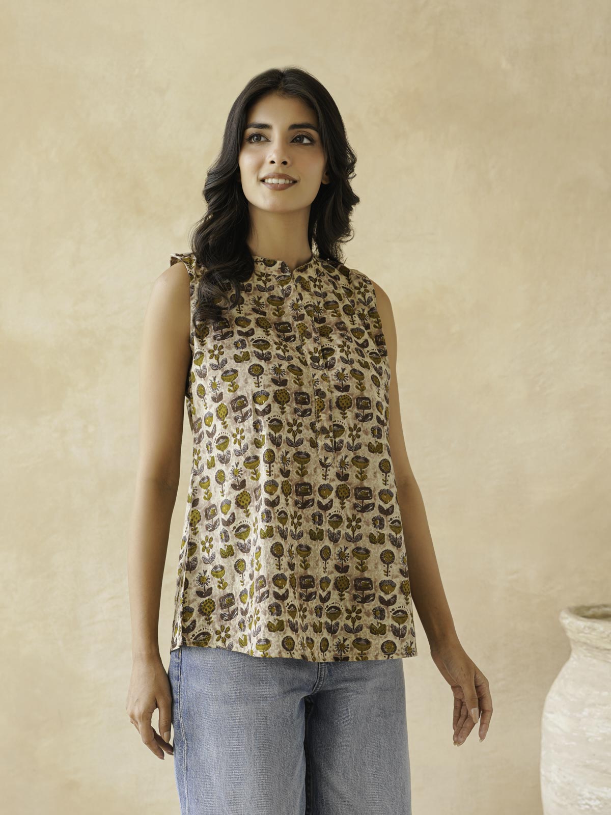 Cotton Printed Sleeveless Tunic Top For Women Brown