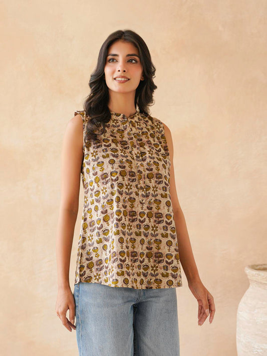 Cotton Printed Sleeveless Tunic Top For Women Brown