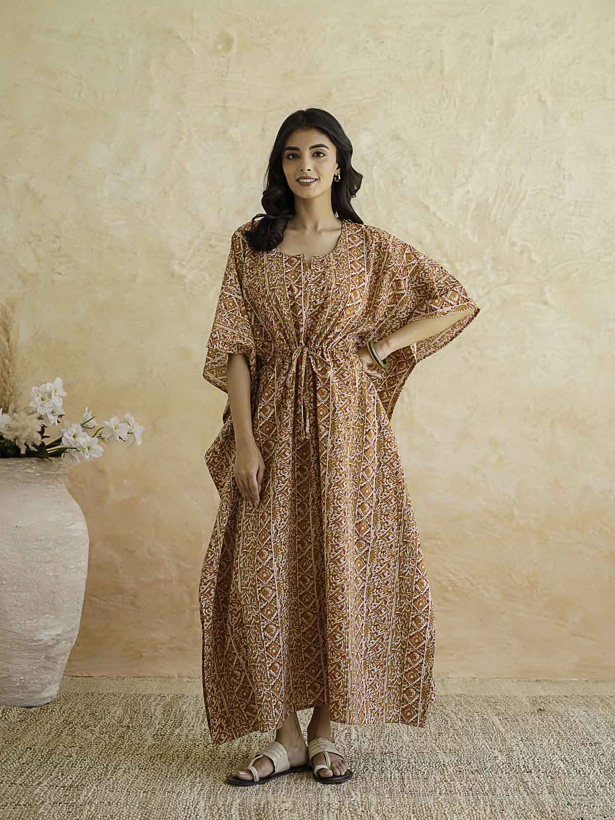 Block-Printed Cotton Long Kaftan Red Patti