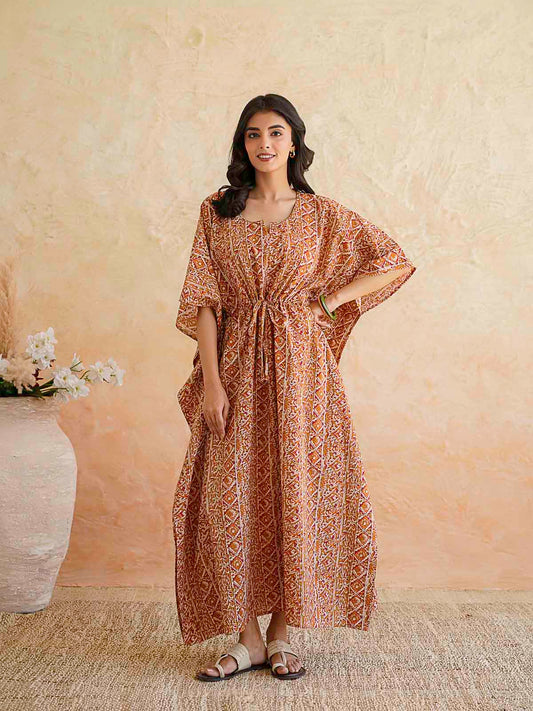 Block-Printed Cotton Long Kaftan Red Patti