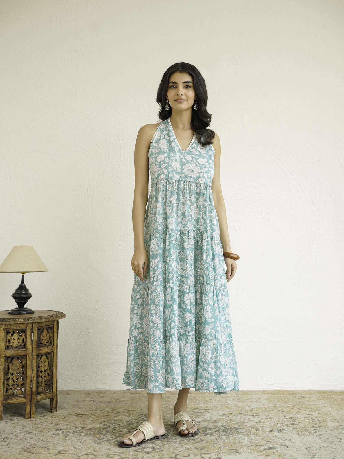 Tiered Halter Neck Dress Light Green