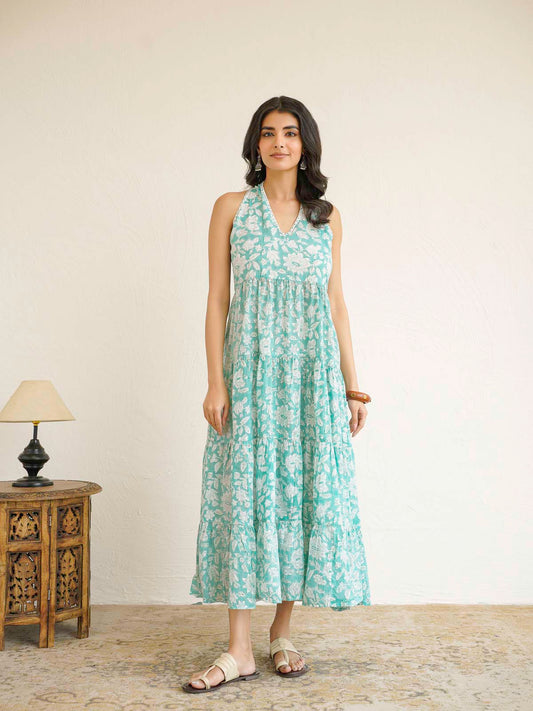 Tiered Halter Neck Dress Light Green