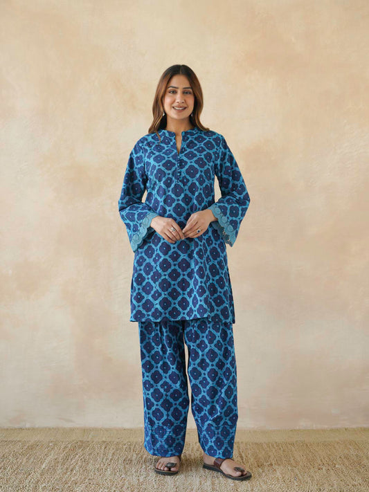 Farshi Set Relaxed Fit Kurta & Pants Set Aqua