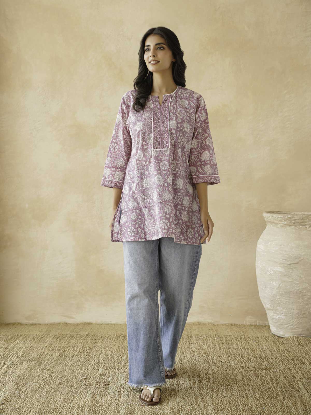 Cotton Printed Sequin Short Kurti For Women Purple