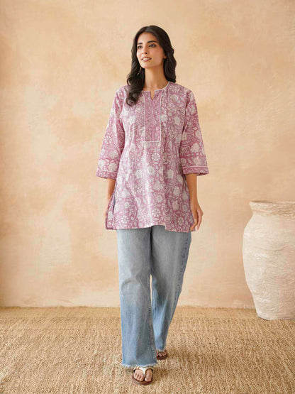 Cotton Printed Sequin Short Kurti For Women Purple