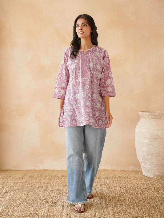 Cotton Printed Sequin Short Kurti For Women Purple