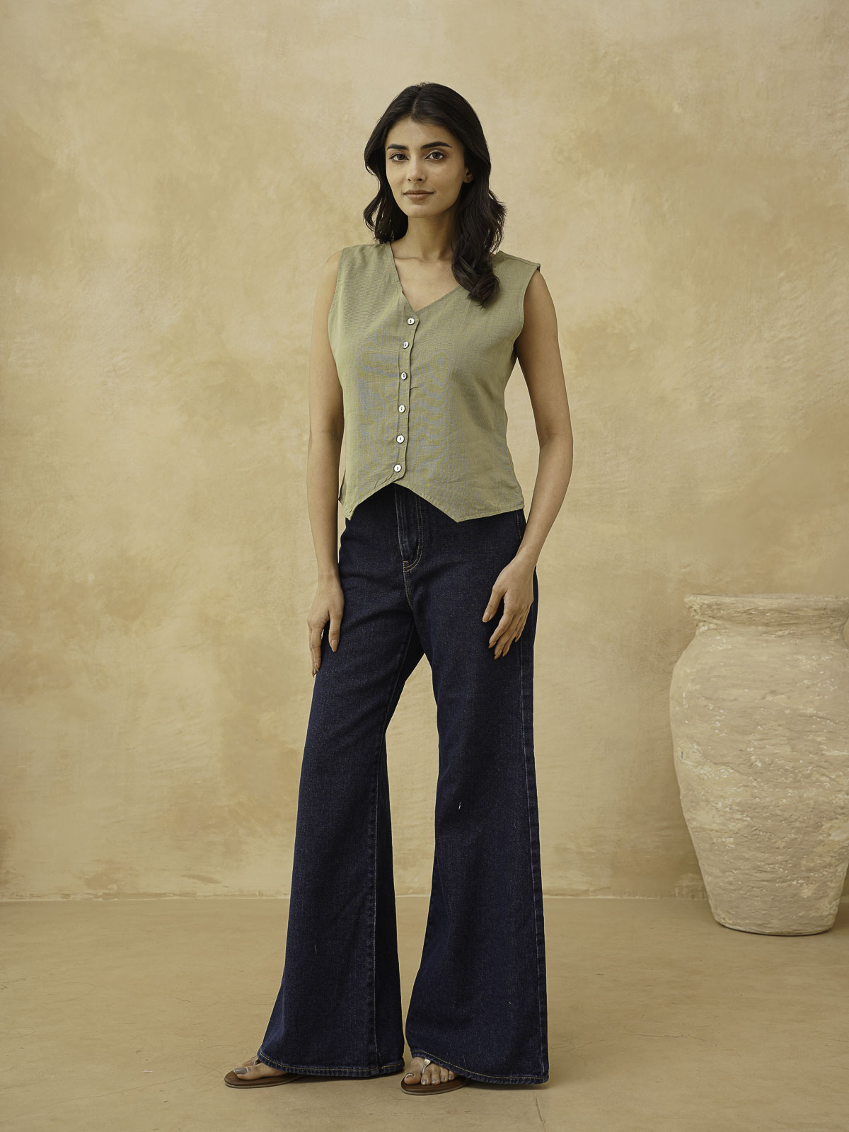 Classic Linen Vest For Women Green