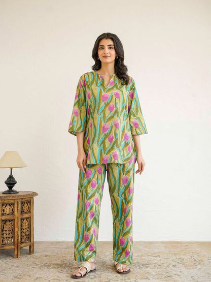Cotton Printed Lounge Wear Coord Set Green Flower