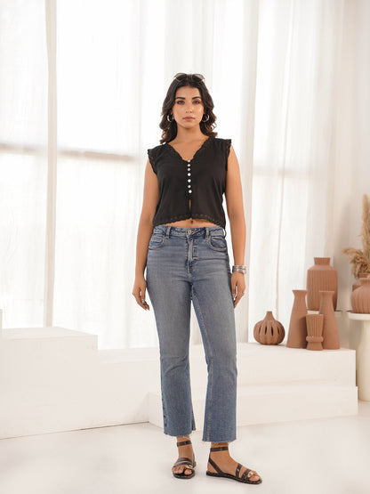 Sleeveless Cotton Printed Daisy Lace Top Black