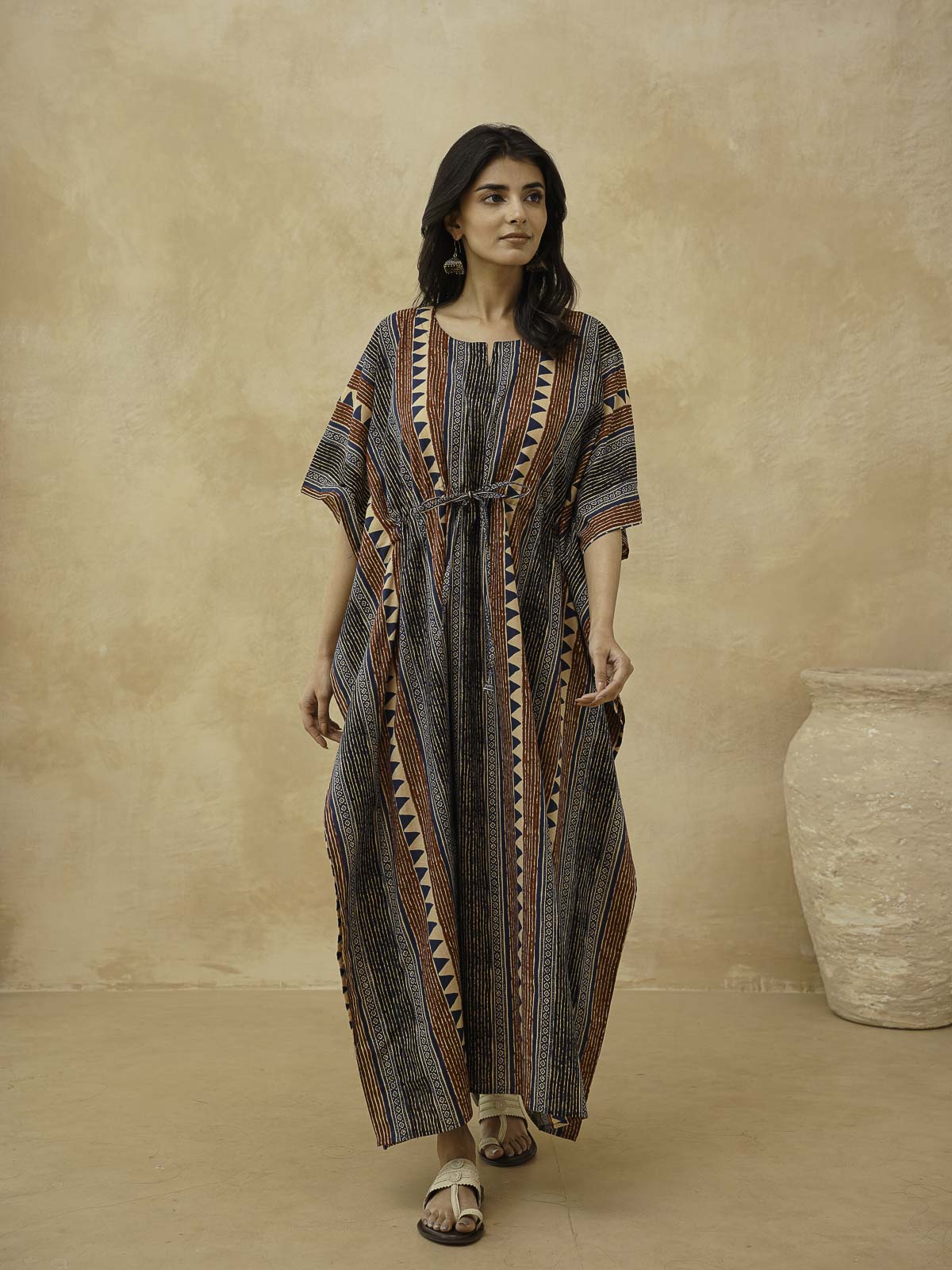 Block-Printed Cotton Long Kaftan Multicolor