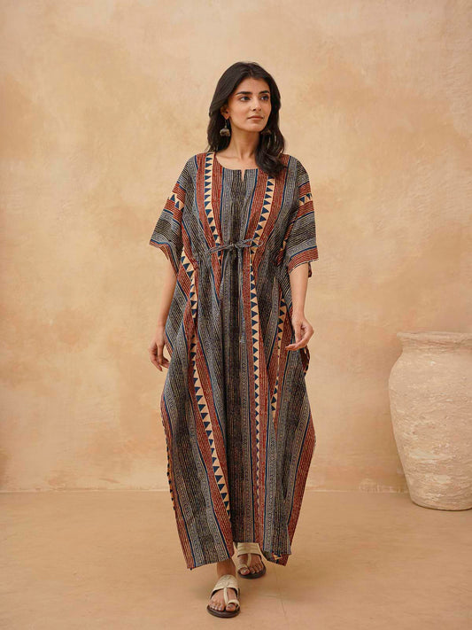 Block-Printed Cotton Long Kaftan Multicolor