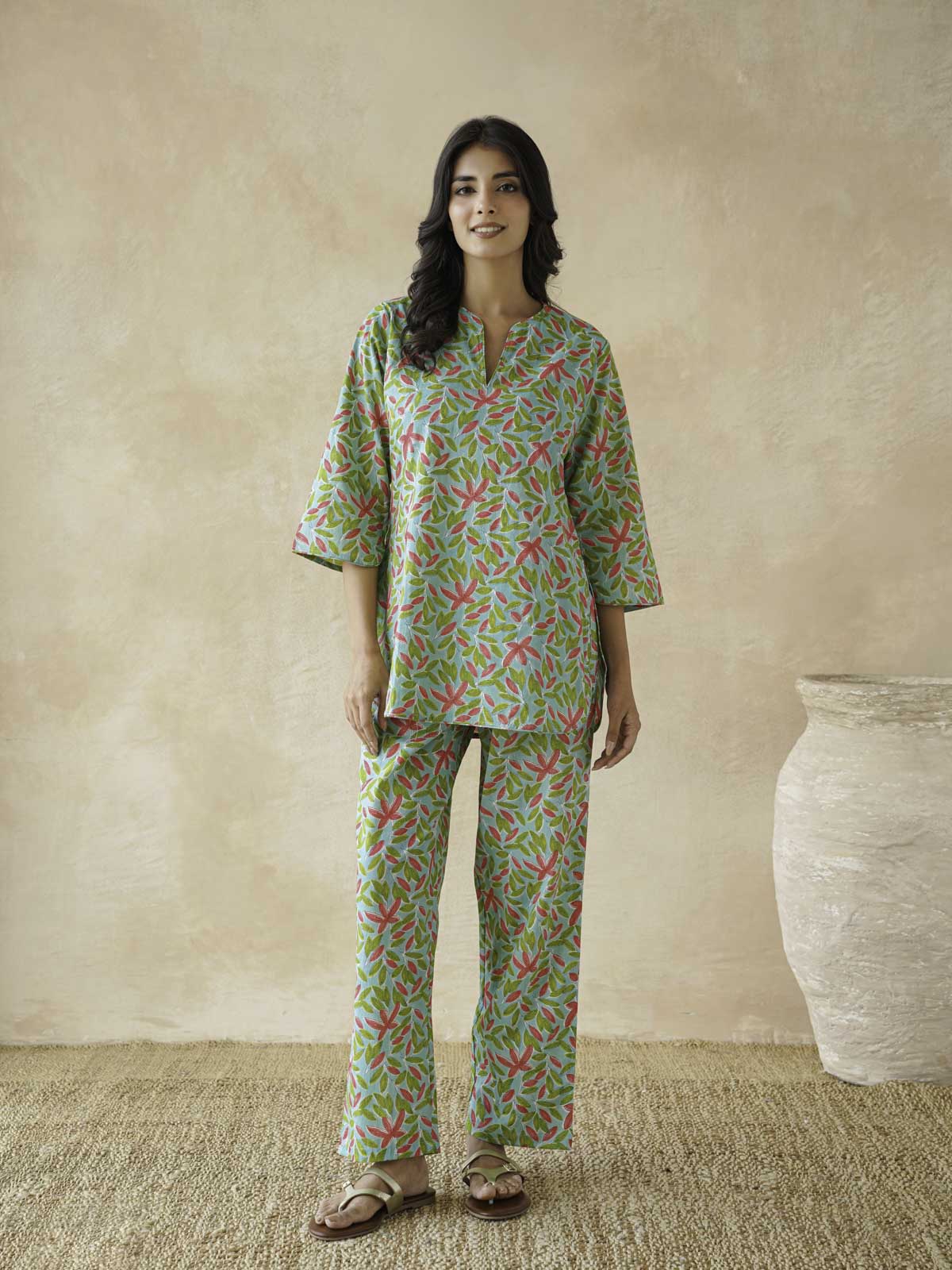Cotton Printed Lounge Wear Coord Set Green Patti