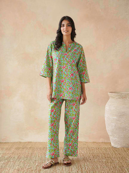 Cotton Printed Lounge Wear Coord Set Green Patti