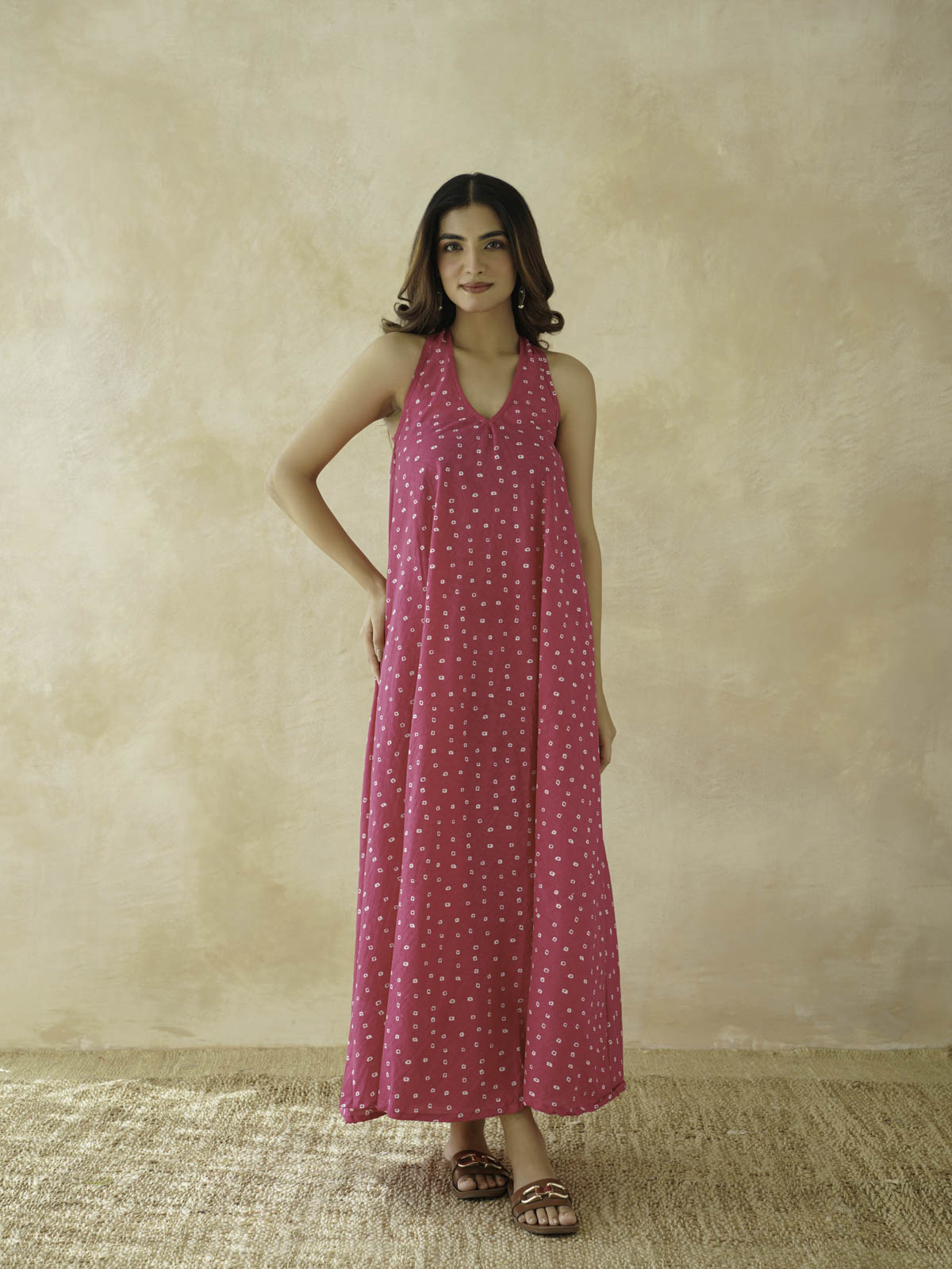 Cotton Printed Aline Moana Dress Pink Bandhej