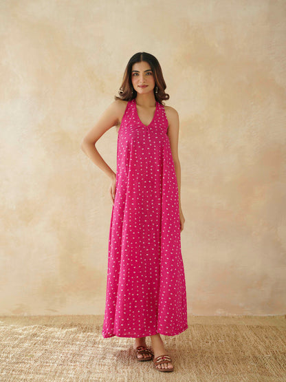 Cotton Printed Aline Moana Dress Pink Bandhej