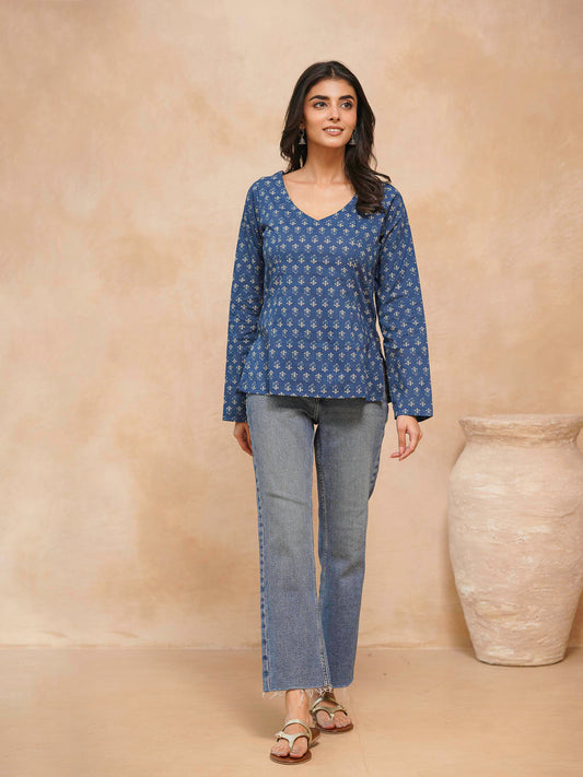 Full Sleeve Cotton Printed Classic Vee Top Blue Indigo Flower