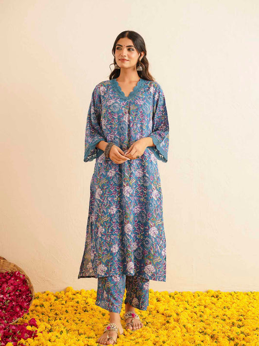 Block Printed Cotton Kurta Pant Bagiya Set Blue Purple