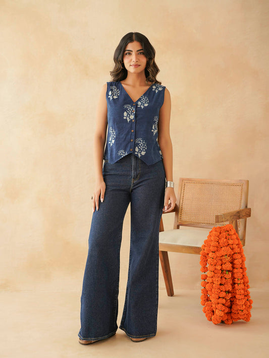 Sleeveless Cotton Block Printed Kothi Top Indigo Boota