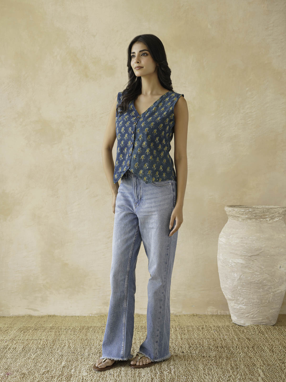 Sleeveless Cotton Block Printed Kothi Top Indigo Booty