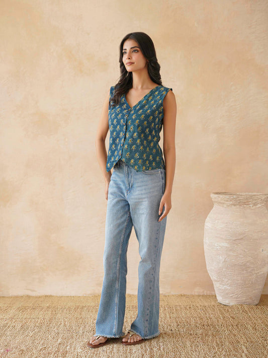 Sleeveless Cotton Block Printed Kothi Top Indigo Booty