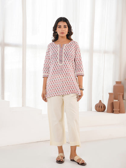 Block-Printed Cotton Zoya Kurti White Booty
