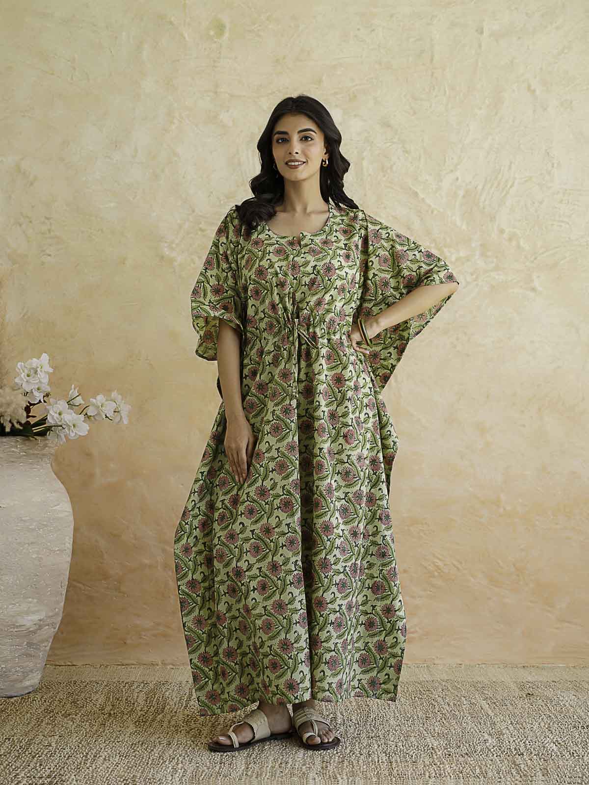 Block-Printed Cotton Long Kaftan Green Jaal