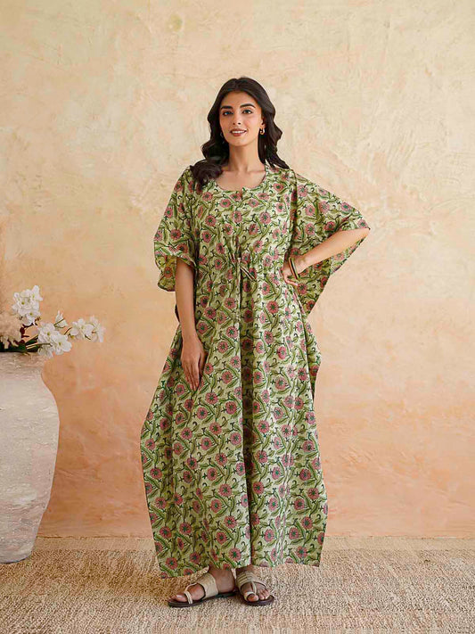 Block-Printed Cotton Long Kaftan Green Jaal