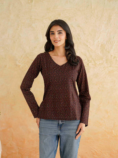 Full Sleeve Cotton Printed Classic Vee Top Black