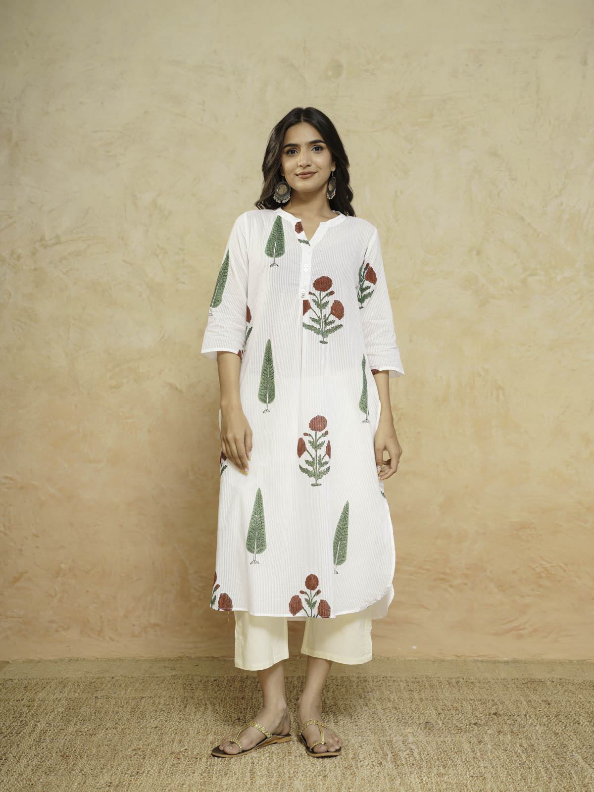 Cotton Pleat Kurta For Women White Patti