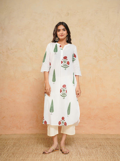 Cotton Pleat Kurta For Women White Patti