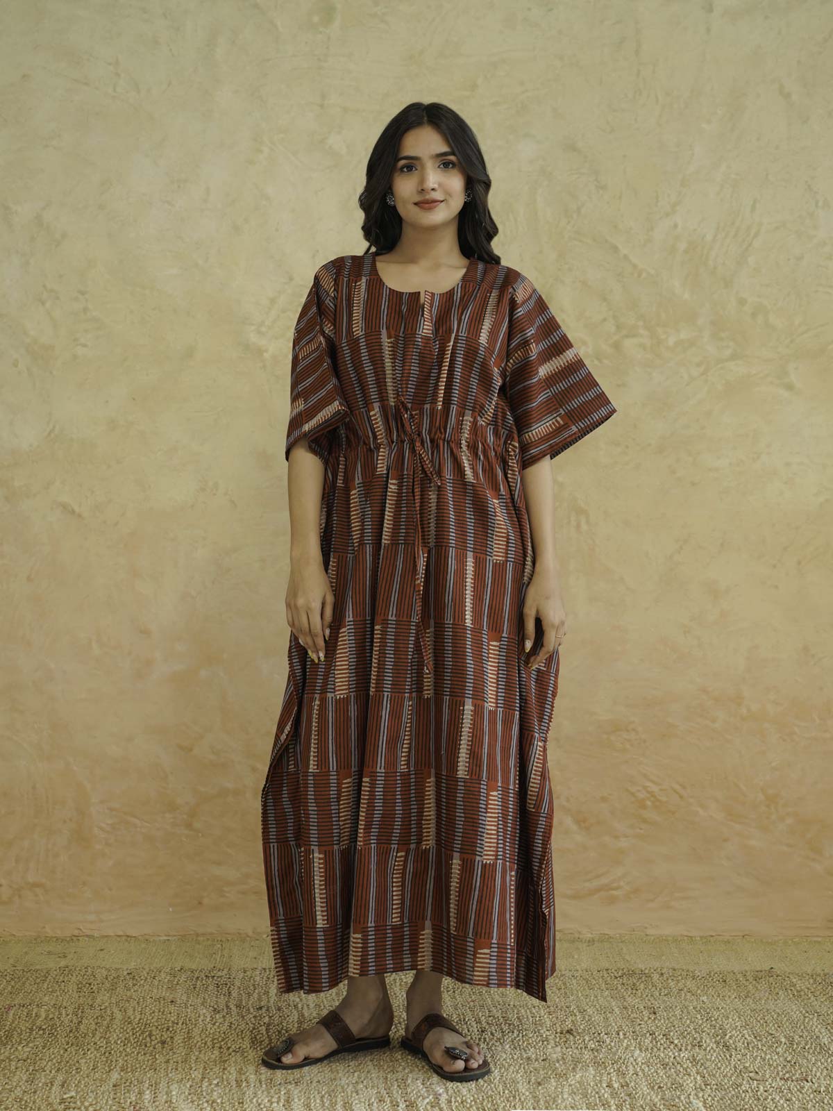 Block-Printed Cotton Long Kaftan Red Starp