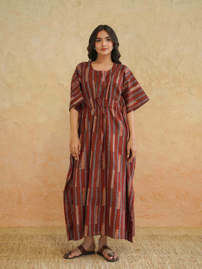 Block-Printed Cotton Long Kaftan Red Starp