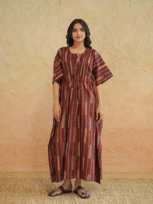 Block-Printed Cotton Long Kaftan Red Starp