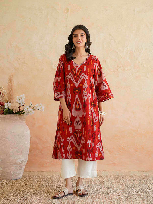 Cotton Printed Ultimate Aline Kurta For Women Cherry Red