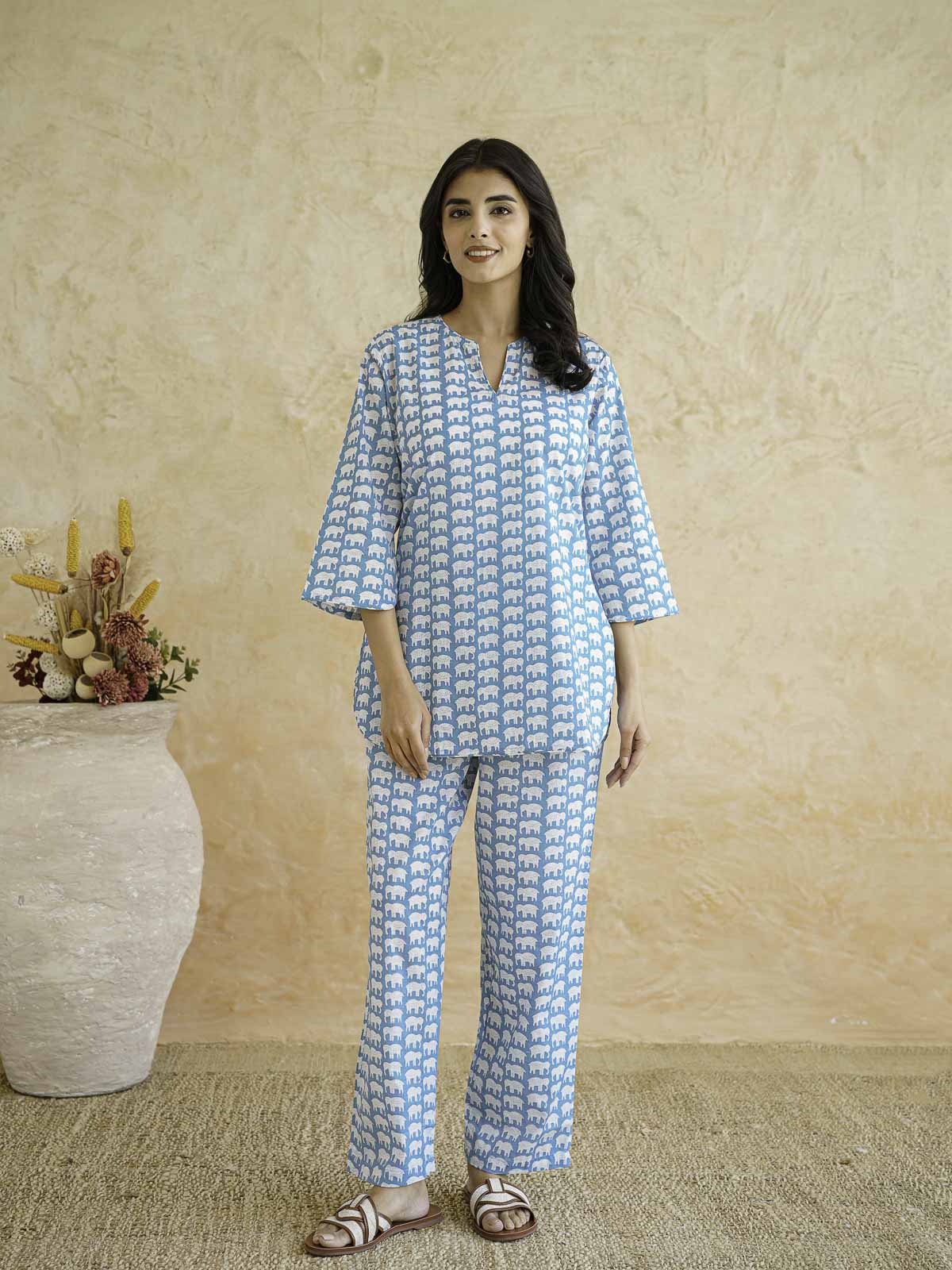 Cotton Printed Lounge Wear Coord Set Sky Blue