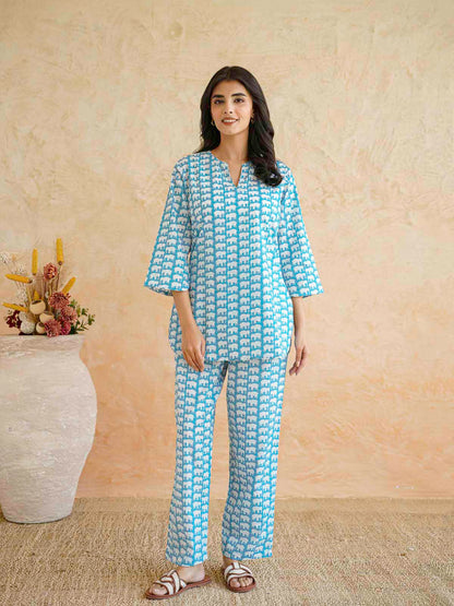 Cotton Printed Lounge Wear Coord Set Sky Blue