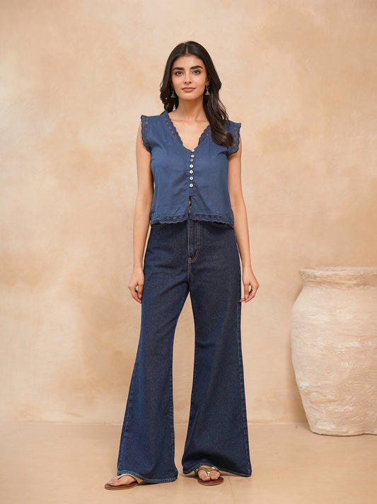 Sleeveless Cotton Printed Daisy Lace Top Blue