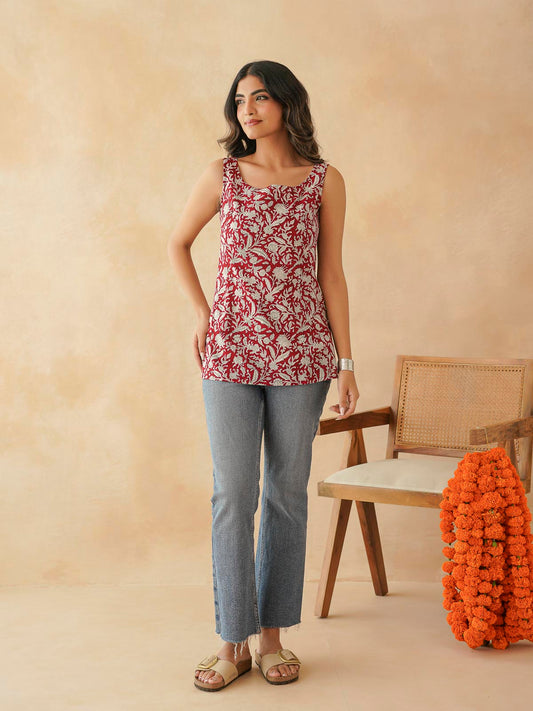 Cotton Printed Stylish Backless Tie-Up Kurti Red